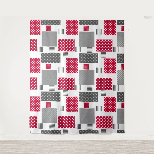 Graues rotes Polka-Dot-Patchwork auf weißem Hinter Wandteppich (Vorderseite)