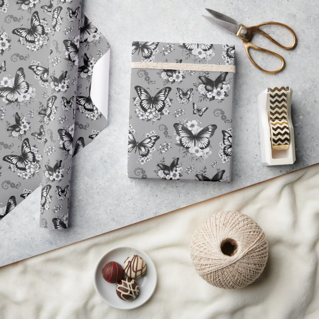 Graues Schmetterlingsmuster-Geschenk Geschenkpapier (Kunsthandwerk)