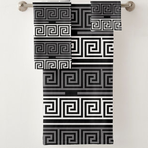 Graues Schwarz-Griechisch-Schlüsselmuster-Design Badhandtuch Set