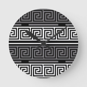 Graues Schwarz-Griechisch-Schlüsselmuster-Design Runde Wanduhr
