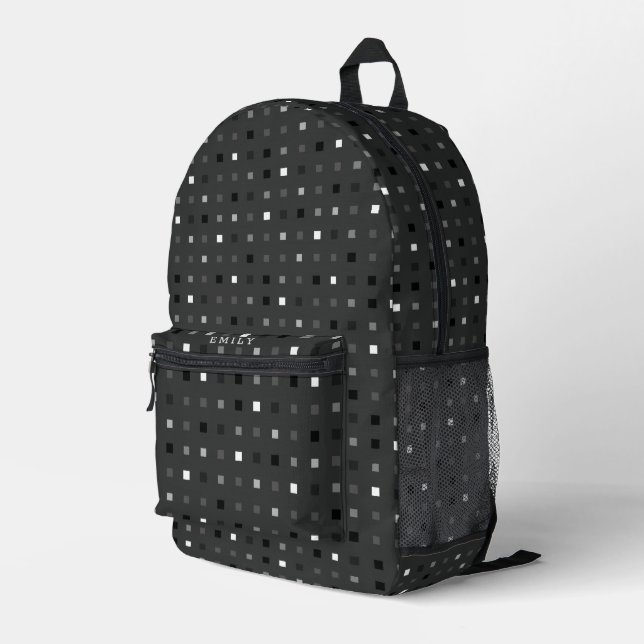 Graues schwarzes Muster für spielbare Pixel Karo Bedruckter Rucksack (Rückseitige Ecke Rechts)