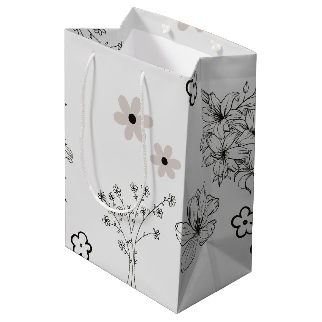 Graues Schwarzes Retro Y2K Hippie Blume Muster Mittlere Geschenktüte (Rückseite Schrägansicht)