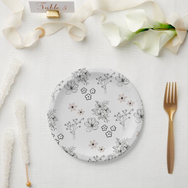 Graues Schwarzes Retro Y2K Hippie Blume Muster Pappteller (Hochzeit)