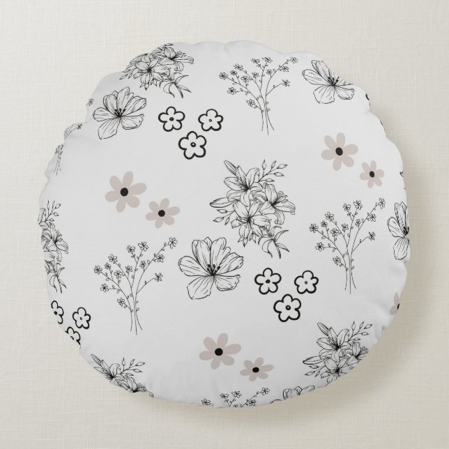 Graues Schwarzes Retro Y2K Hippie Blume Muster Rundes Kissen (Vorderseite)