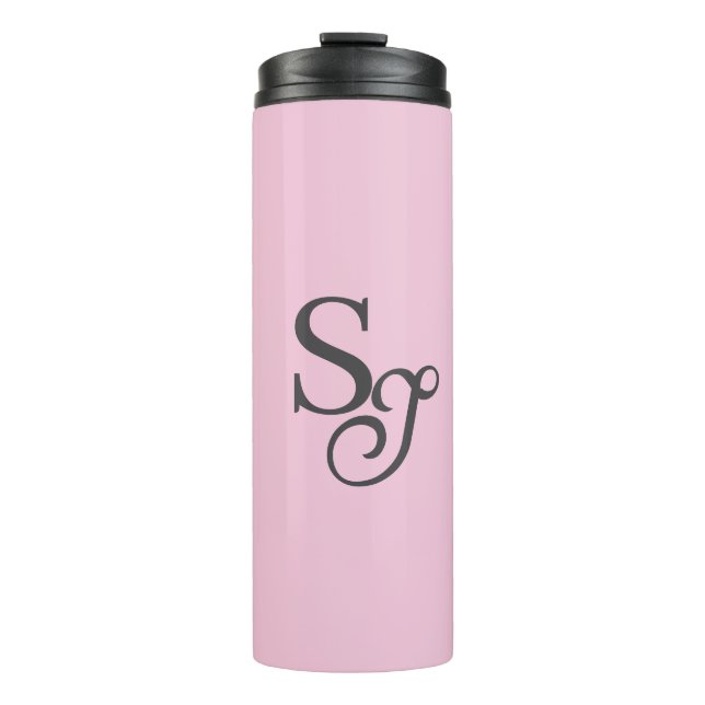 Graues Skript Anfangsmonogramm rosa Thermosbecher (Vorderseite)