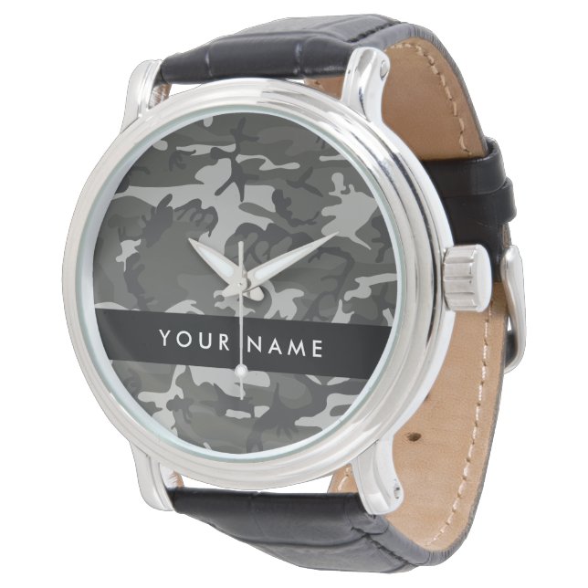 Graues Tarnmuster, Ihr Name, Personalisieren Armbanduhr (Schrägansicht)