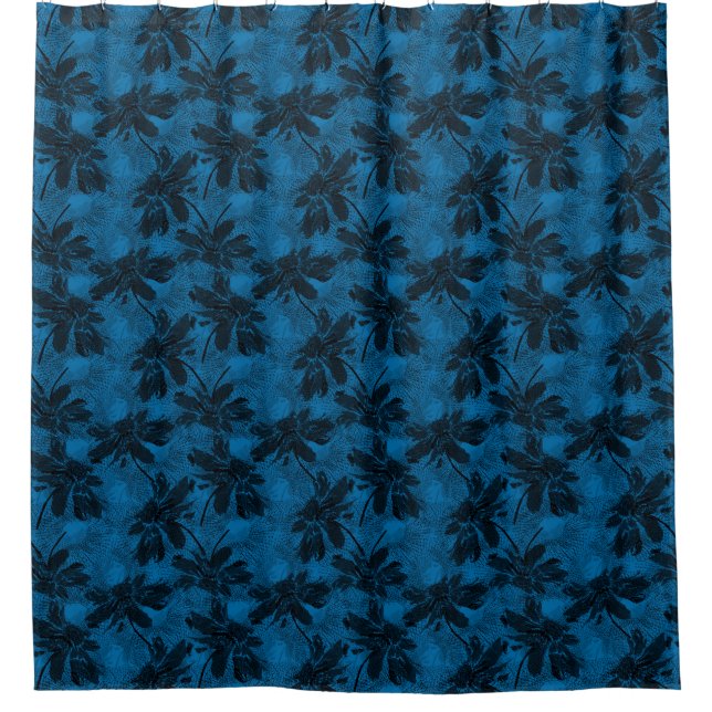 Graues und blaues Blumenmuster. Duschvorhang (Vorderseite)