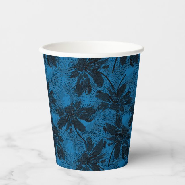 Graues und blaues Blumenmuster. Pappbecher (Vorderseite)