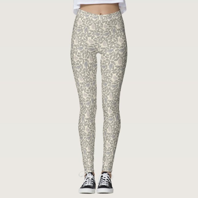Graues und Elfenbeinvogelmuster Leggings (Vorderseite)