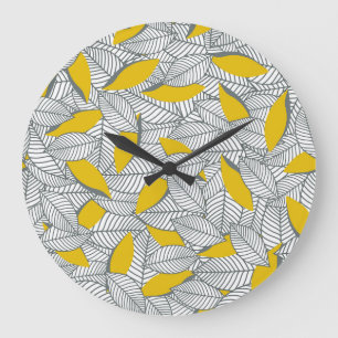 Graues und gelbes Blatt Muster. Große Wanduhr