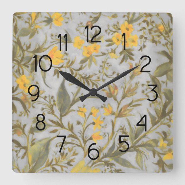 Graues und gelbes Blumenmuster Quadratische Wanduhr (Vorderseite)