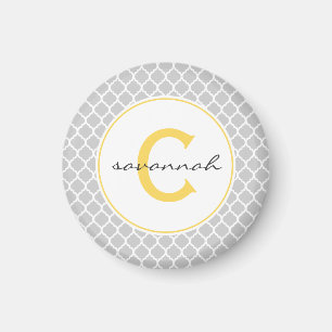 Graues und gelbes Quatrefoil Monogramm Magnet