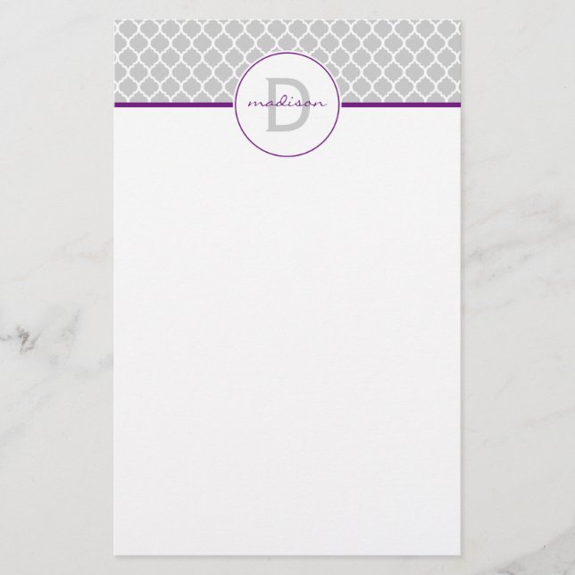 Graues und lila Quatrefoil Monogramm Briefpapier (Vorderseite)