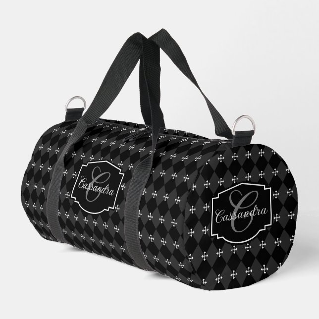 Graues und schwarzes Harlequin und gotisches Kreuz Duffle Bag (Linke Seite)