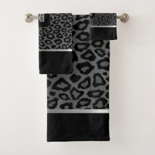Graues und schwarzes wildes Leopard-Muster mit Badhandtuch Set