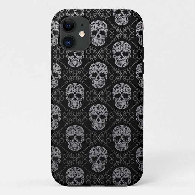 Graues und schwarzes Zuckerschädel-Muster Case-Mate iPhone Hülle (Rückseite)