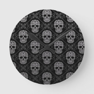 Graues und schwarzes Zuckerschädel-Muster Runde Wanduhr