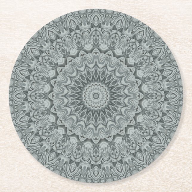 Graues und silberes Mandala-Muster Runder Pappuntersetzer (Vorderseite)