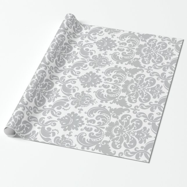 Graues und weißes elegantes Damast-Muster Geschenkpapier (Ungerollt)