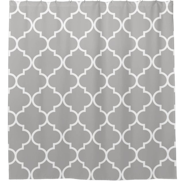 Graues und weißes marokkanisches Gitter Quatrefoil Duschvorhang (Vorderseite)