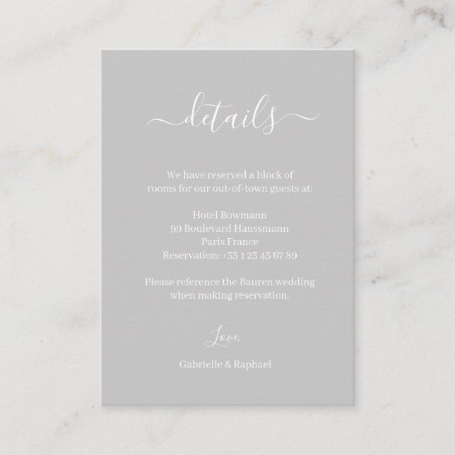 Graues und weißes Minimalistisches Hochzeitshotel  Begleitkarte (Vorderseite)