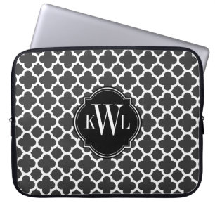 Graues und weißes Quatrefoil Muster-Monogramm Laptopschutzhülle