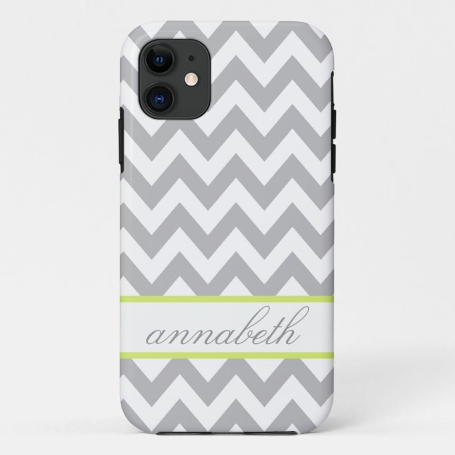 Graues und weißes Zickzack grünes Monogramm Case-Mate iPhone Hülle (Rückseite)