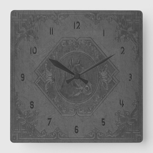 Graues Vintages ledernes gerahmtes Pferd-köpfiges Quadratische Wanduhr (Vorderseite)