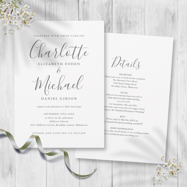Graues Weiß, einfach, alles in einem Chic-Script-H Einladung (Gray White Simple All In One Chic Script Wedding Invitation)