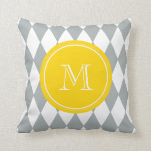 Graues Weiß-Harlekin-Muster, gelbes Monogramm Kissen