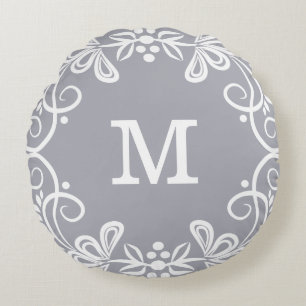Graues Weiß-kundenspezifisches Monogramm dekorati Rundes Kissen