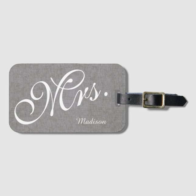 Graues Weiß-Leinenjungvermählten-Frau Wedding Gepäckanhänger (Vorderseite (Horizontal))