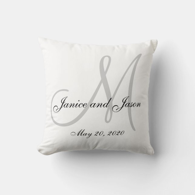 Graues Weiß-Monogramm-Hochzeit Kissen (Vorderseite)