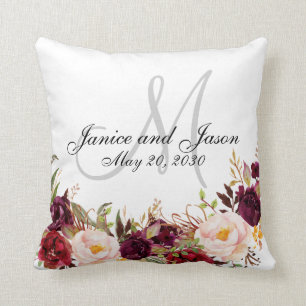 Graues Weiß-Monogramm-mit Blumenhochzeit Kissen