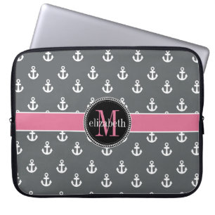 Graues Weiß-Rosa-Schiff DK verankert Monogramm Laptopschutzhülle