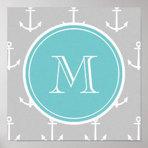Graues Weiß verankert Muster, aquamarines Poster