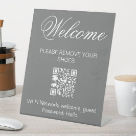 Graues Weiß Willkommen Entfernen Schuhe QR Wi-Fi Sockelschild