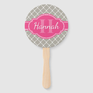 Graues weißes Gittermuster Pink Monogramm Fächer