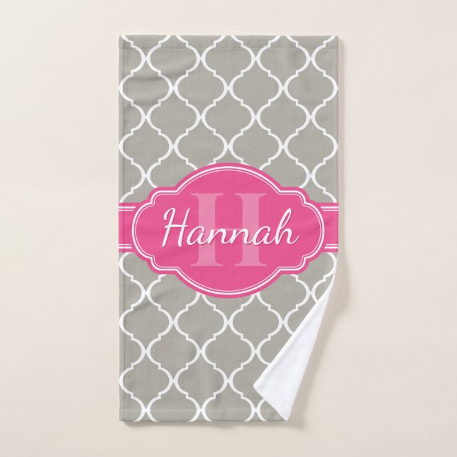 Graues weißes Gittermuster Pink Monogramm Handtuch (Handtuch)