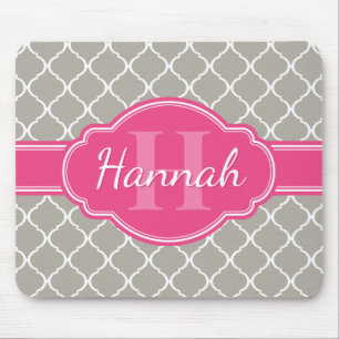 Graues weißes Gittermuster Pink Monogramm Mousepad