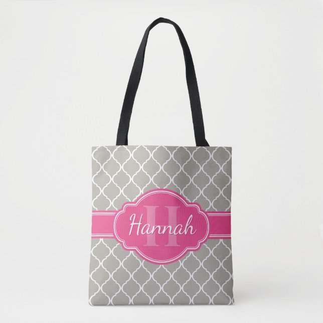 Graues weißes Gittermuster Pink Monogramm Tasche (Vorderseite)