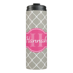 Graues weißes Gittermuster Pink Monogramm Thermosbecher