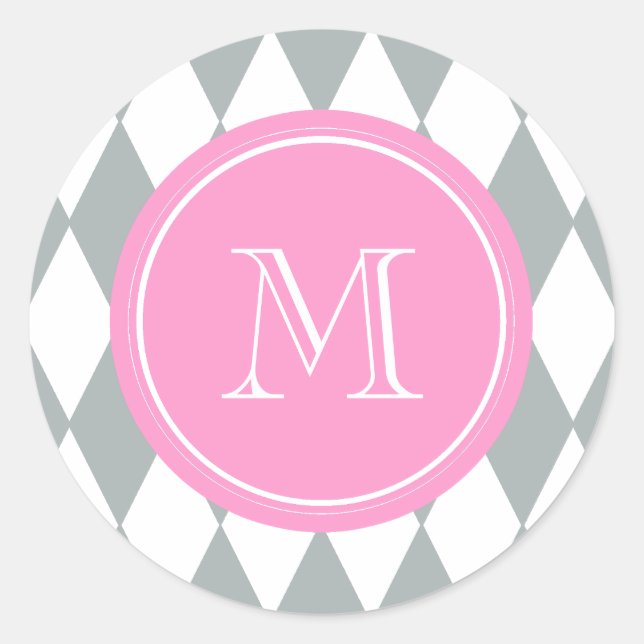 Graues weißes Harlequin-Muster, rosa Monogramm Runder Aufkleber (Vorderseite)