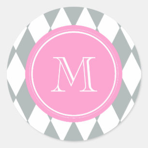 Graues weißes Harlequin-Muster, rosa Monogramm Runder Aufkleber