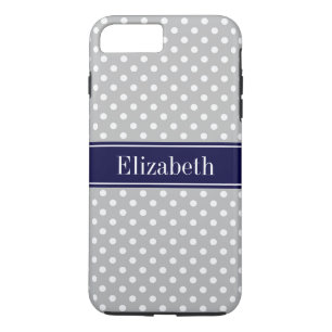 Graues weißes Polka Dots Navy Blue Name Monogram iPhone 8 Plus/7 Plus Hülle