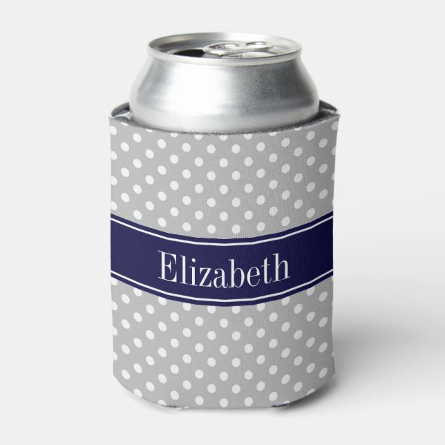Graues weißes Polka Dots Navy Blue Name Monogram Dosenkühler (Kanne Vorderseite)