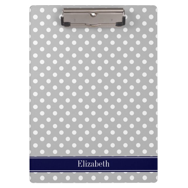 Graues weißes Polka Dots Navy Blue Name Monogram Klemmbrett (Vorderseite)