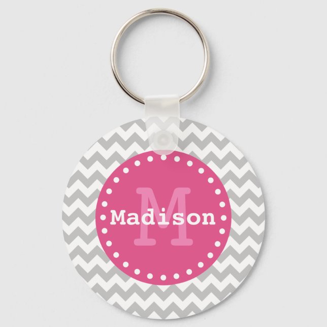 Graues Weißrosa Zickzack Zigzag Monogramm Schlüsselanhänger (Vorderseite)