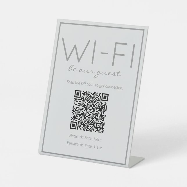 Graues Wi-Fi QR-Code für Gast-Table-Zeichen an der Sockelschild (Vorderseite)