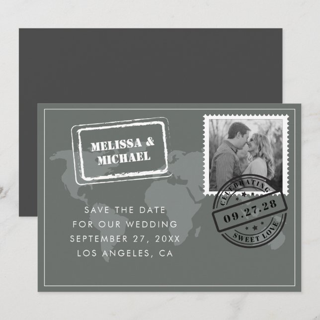 Graues World Map Hochzeit in Urlaubsort Foto Save The Date (Vorne/Hinten)